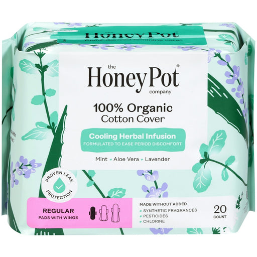 The Honey Pot Company The Honey Pot Company 100% Organic Cotton Cover Cooling Herbal Infusion Regular Pads With Wings Personal Care White Smoke