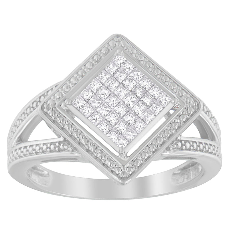Bids.com .925 Sterling Silver 1/3 Cttw Invisible Set Princess-Cut Diamond Rhombus and Beaded Halo Ring (H-I Color, SI1-SI2 Clarity) - Ring Size 7 Rings White Smoke 7 / Sterling Silver,7 / White.Sterling Silver,6 / White.Sterling Silver,8 / White.Sterling Silver