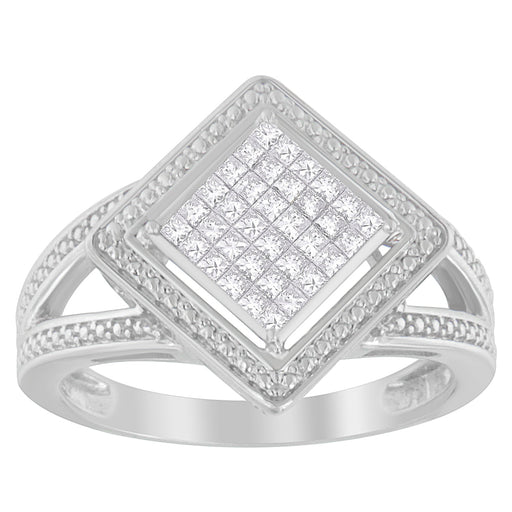 Bids.com .925 Sterling Silver 1/3 Cttw Invisible Set Princess-Cut Diamond Rhombus and Beaded Halo Ring (H-I Color, SI1-SI2 Clarity) - Ring Size 7 Rings White Smoke 7 / Sterling Silver,7 / White.Sterling Silver,6 / White.Sterling Silver,8 / White.Sterling Silver