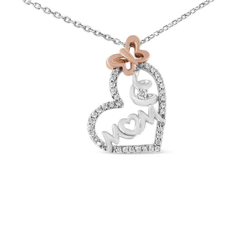 Bids.com Two Tone .925 Sterling Silver 1/5 cttw Diamond "Mom" and Heart Pendant Necklace (H-I, I1-I2) Necklaces White Smoke WhiteRose.Sterling Silver / 18