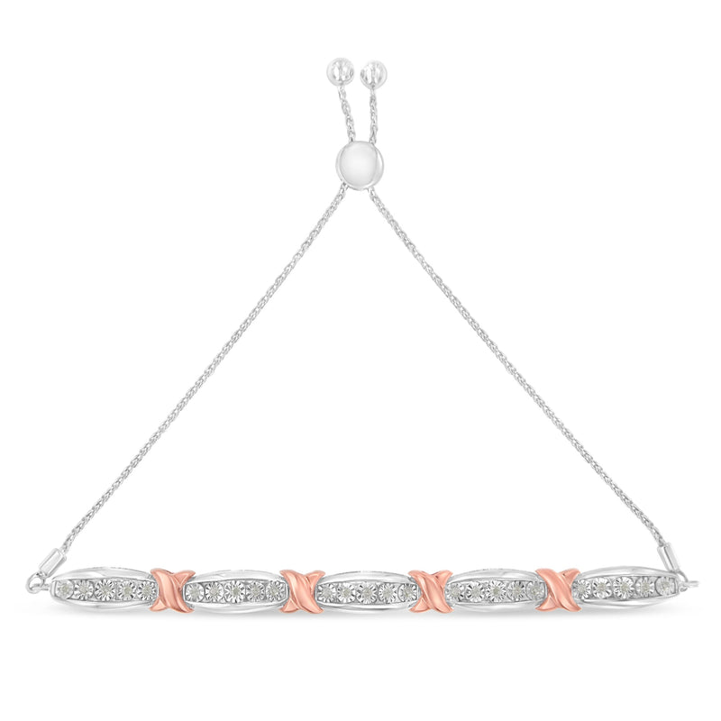 Bids.com .925 Sterling Silver 1/4 Cttw Round-Cut Diamond X & Tapered Bar Miracle-Set Bolo Bracelet (I-J Color, I3 Clarity) - Two Tone Rose Gold & Silver Bracelets White Smoke WhiteRose.Sterling Silver / 7