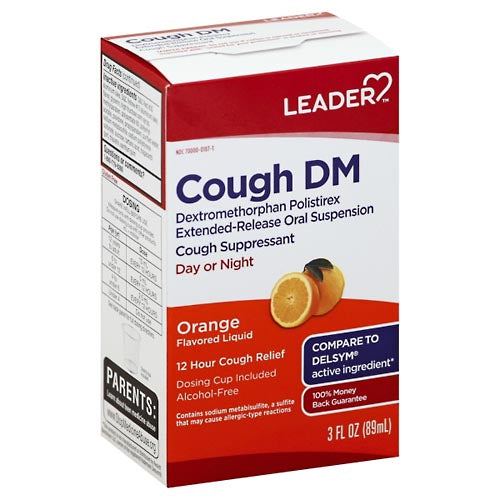 Leader Leader Cough DM 12-Hour Extended Release Liquid – Orange Flavor (3 fl oz) – Non-Drowsy Cough Suppressant Suspension Respiratory Care White Smoke