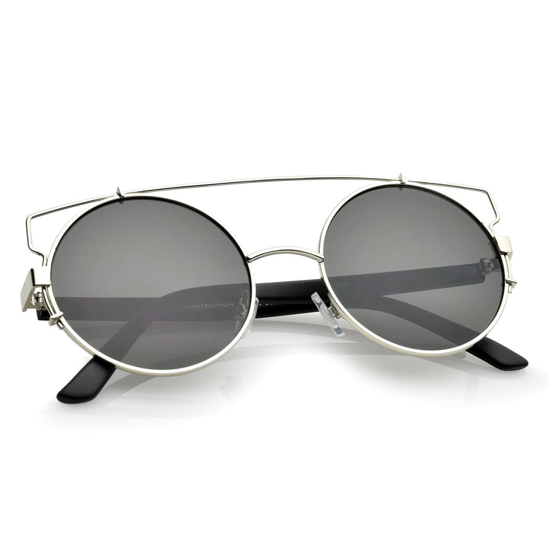 zeroUV Retro Modern Oversize Round Flat Lens Crossbar Sunglasses A540 Sunglasses White Smoke Silver Matte Black Smoke,Black Matte Black Green,Gold Tortoise Green,Gold Tortoise Brown,Gold Black Lavender,Gold White Smoke Gradient