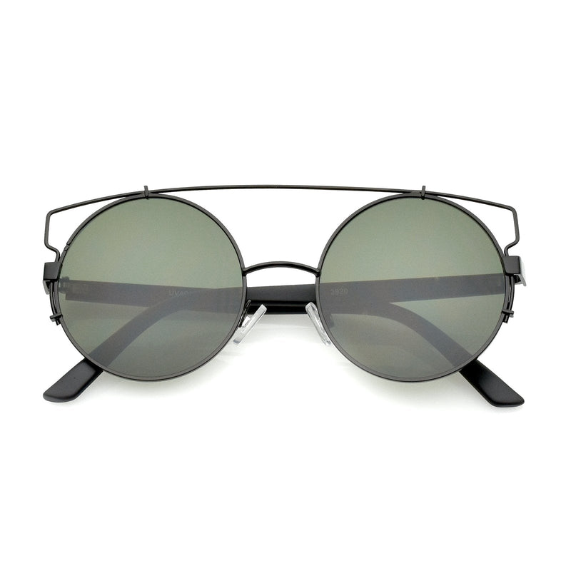 zeroUV Retro Modern Oversize Round Flat Lens Crossbar Sunglasses A540 Sunglasses White Smoke Black Matte Black Green