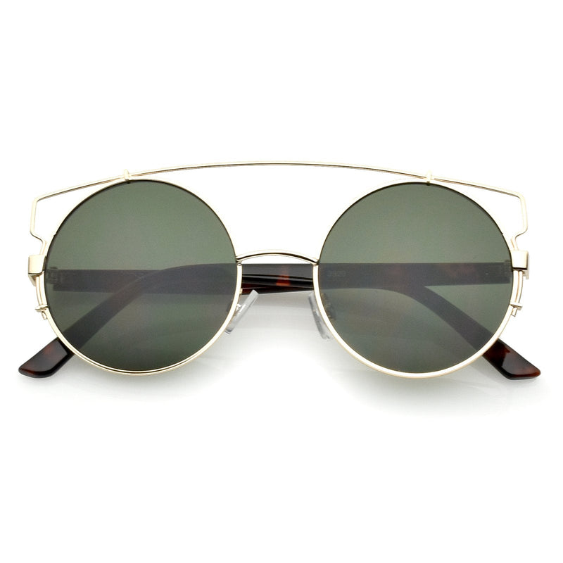 zeroUV Retro Modern Oversize Round Flat Lens Crossbar Sunglasses A540 Sunglasses White Smoke Gold Tortoise Green