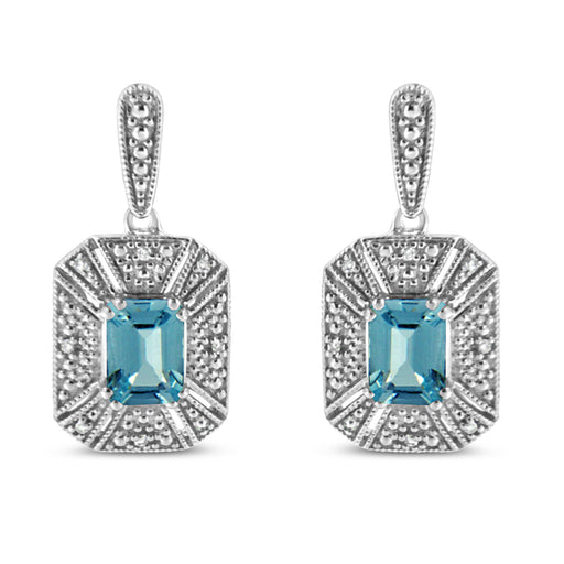 Bids.com .925 Sterling Silver 7x5MM Emerald Shape Blue Topaz and Diamond Accent Art Deco Halo Style Drop and Dangle Earrings (I-J Color, I1-I2 Clarity) Earrings White Smoke White.Sterling Silver / 0.04