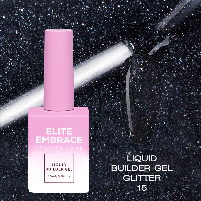 nbmsupply ELITE EMBRACE Professional Liquid Builder Gel Glitter 15 15ml ELBGG1515 Black