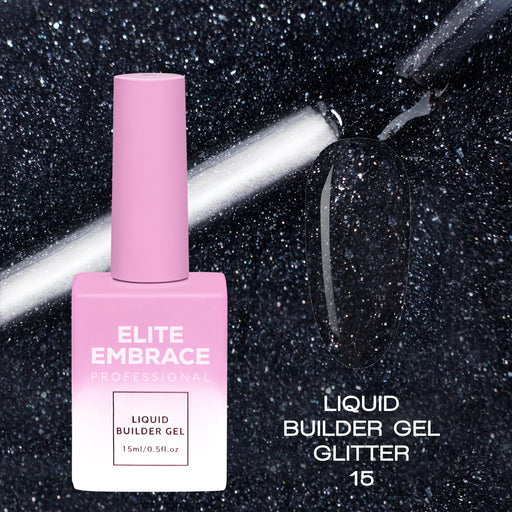 nbmsupply ELITE EMBRACE Professional Liquid Builder Gel Glitter 15 15ml ELBGG1515 Black