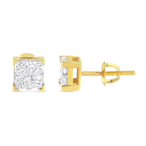 Bids.com 10K Yellow Gold 3/4 Cttw Invisible Set Princess-Cut Diamond Composite Square Stud Earrings (I-J Color, I2-I3 Clarity) Earrings White Smoke Yellow.Gold / 0.75