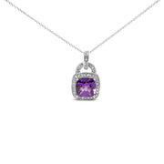 Bids.com .925 Sterling Silver 10X10 MM Cushion Purple Amethyst and Diamond Accent Halo 18" Pendant Necklace (I-J Color, I1-I2 Clarity) Necklaces White Smoke White.Sterling Silver / 18