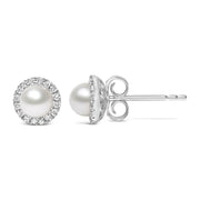 Bids.com 10K White Gold 4.5mm Cultured Freshwater Pearl and 1/7 Cttw Diamond Halo Stud Earring (I-J Color, I1-I2 Clarity) Earrings White Smoke White.Gold / 0.136
