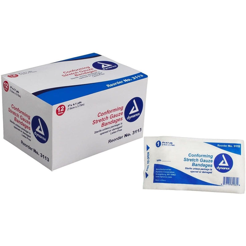 Dynarex Dynarex Conform Stretch Gauze Bandages, Sterile 3 Inches X 4.1 Yards, 12 Rolls First Aid White Smoke