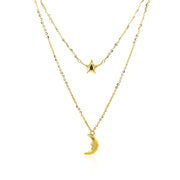Bids.com 14k Yellow Gold Double-Strand Chain Necklace with Puff Moon and Star Necklaces White Smoke 18 / Yellow Gold