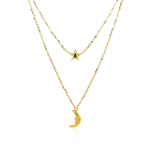 Bids.com 14k Yellow Gold Double-Strand Chain Necklace with Puff Moon and Star Necklaces White Smoke 18 / Yellow Gold