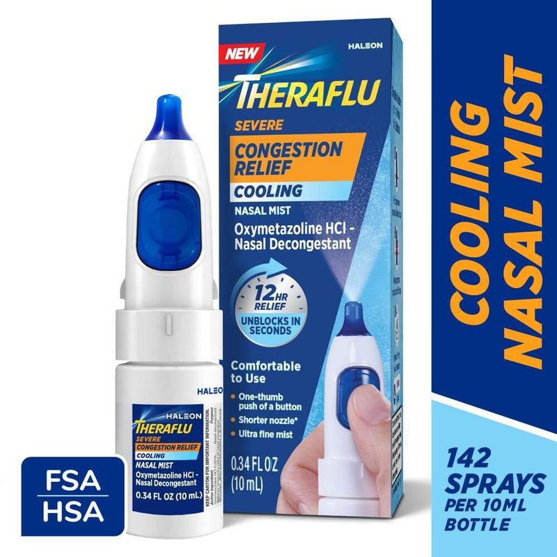 Theraflu Theraflu Severe Congestion Relief Nasal Mist, Cooling Menthol, 12 Hour Relief, 0.34 fl oz Respiratory Care White Smoke
