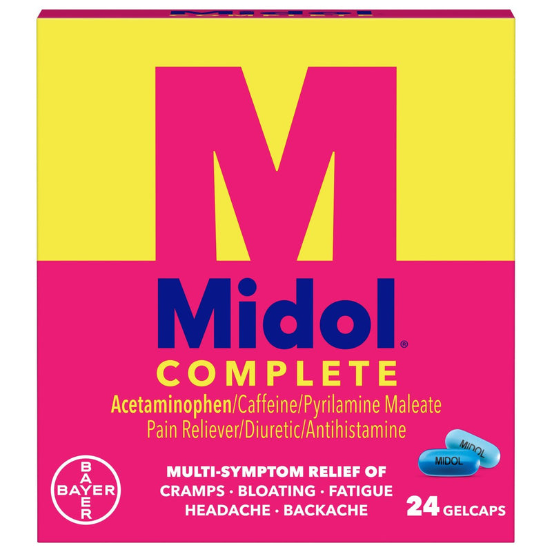 Midol Midol Complete Gelcaps – 24 Count – Multi-Symptom Period Pain Relief for Cramps, Bloating & Fatigue Medicine & Drugs Violet Red