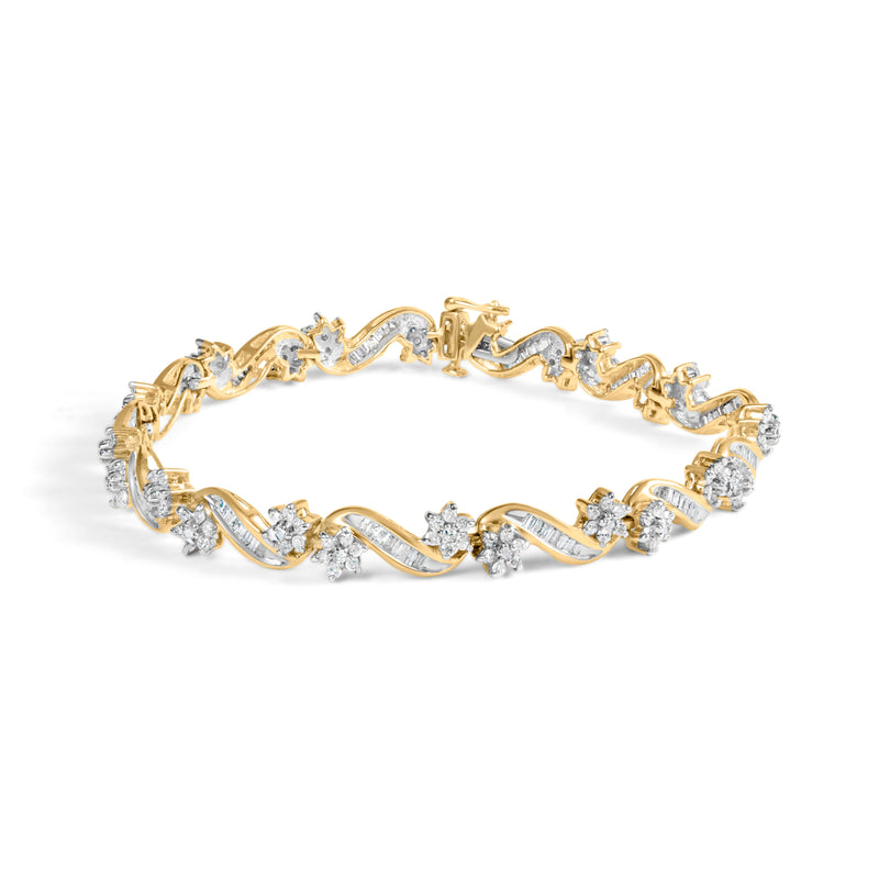 Bids.com 10k Yellow Gold 3.00 Cttw Round-Cut and Baguette-Cut Floral Link 7.25" Bracelet (I-J Color, I1-I2 Clarity) Bracelets White Smoke Yellow.Gold / 7.25