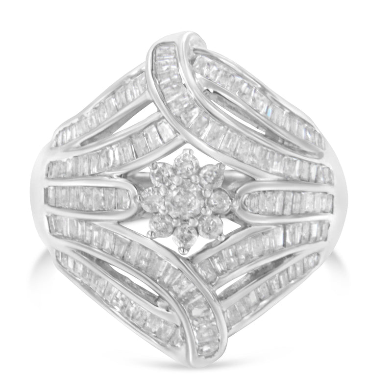 Bids.com .925 Sterling Silver 1-1/8 Cttw Round & Baguette Diamond 'Flower & Fern' Cluster Cocktail Fashion Ring (I-J Color, I2-I3 Clarity) - Size 6 Rings White Smoke 8 / White.Sterling Silver,7 / White.Sterling Silver,6 / White.Sterling Silver,7.25 / White.Sterling Silver,7.75 / White.Sterling Silver,7.5 / White.Sterling Silver,6.75 / White.Sterling Silver,6.5 / White.Sterling Silver,6.25 / White.Sterling Silver