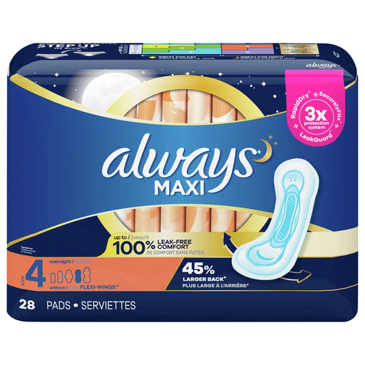Always Always Maxi Size 4 Overnight Pads with Wings, 28-Count Pack of 6 Feminine Pads & Protectors Dark Slate Blue