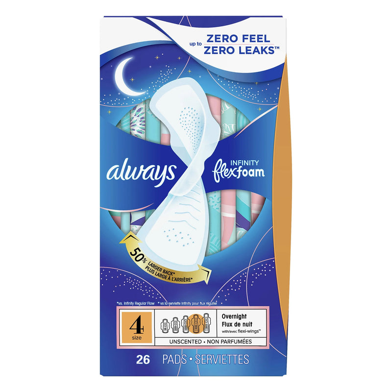 Always Always Infinity FlexFoam Pads, Size 4 Overnight with Wings 26 Count Feminine Pads & Protectors Alice Blue
