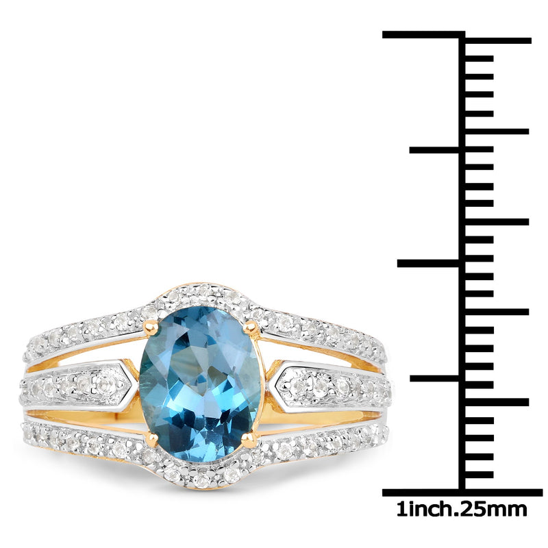 Bids.com 14K Yellow Gold Plated 2.30 Carat Genuine London Blue Topaz and White Topaz .925 Sterling Silver Ring Rings White Smoke size 7.00,size 6.00,size 8.00,size 9.00