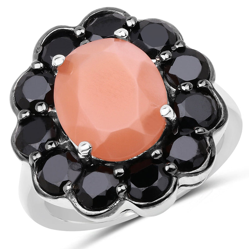 Bids.com 7.88 Carat Genuine Peach Moonstone and Black Spinel .925 Sterling Silver Ring Rings White Smoke size 8.00,size 9.00,size 6.00,size 7.00