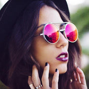 zeroUV Retro Round Steampunk Mirrored Lens Flip Up Sunglasses 8966 Sunglasses Black Gold Orange,Silver Fire,Black Fire,Silver Ice,Gold Midnight,Gold Purple,Gold Ice,Black Ice,Black Midnight,Gold Rainbow,Black Rainbow
