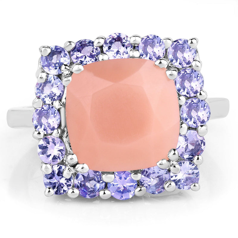 Bids.com 6.70 Carat Genuine Peach Moonstone and Tanzanite .925 Sterling Silver Ring Rings White Smoke size 7.00,size 8.00,size 9.00,size 6.00