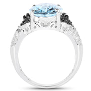 Bids.com 5.37 Carat Genuine Swiss Blue Topaz, Black Diamond & White Topaz .925 Sterling Silver Ring Rings White Smoke size 6.00,size 7.00,size 8.00,size 9.00,size 5.00,size 10.00