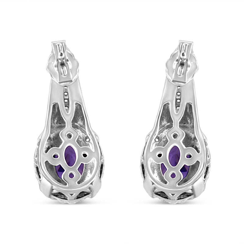 Bids.com .925 Sterling Silver 8x6 MM Natural Oval Purple Amethyst Gemstone and Diamond Accent Art Deco Style Drop and Dangle Earrings (I-J Color, I1-I2 Clarity) Earrings White Smoke White.Sterling Silver / 0.052