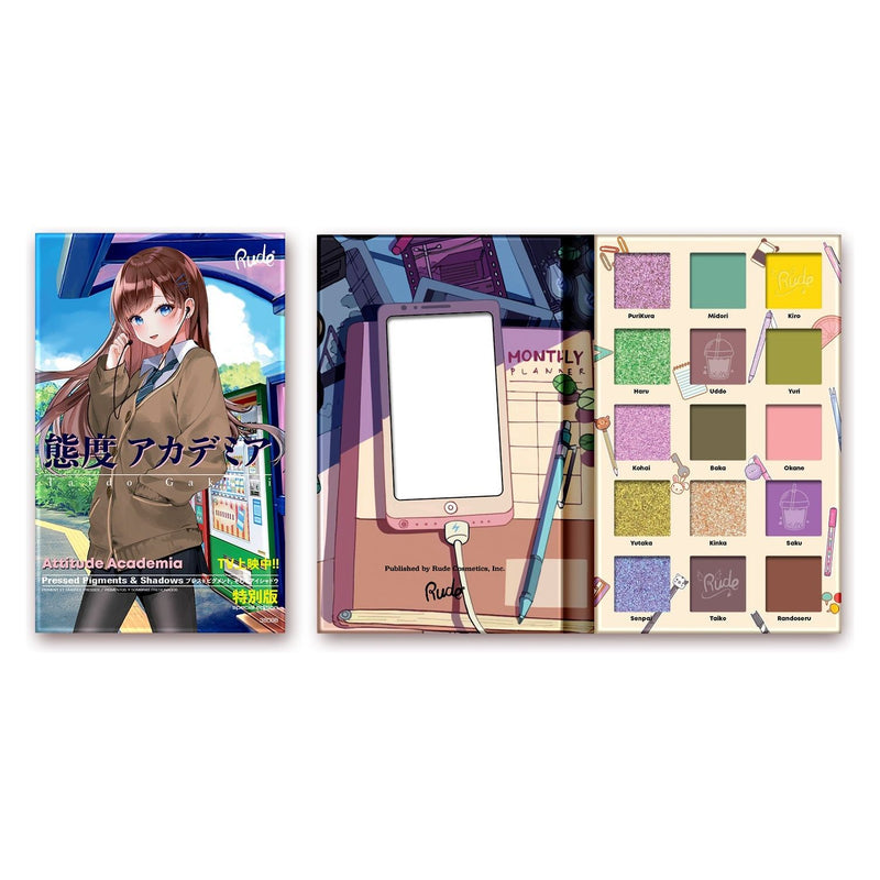 Rude Cosmetics Manga Collection Pressed Pigments & Shadows Palette - Attitude Academia Eye Shadow Gray Attitude Academia
