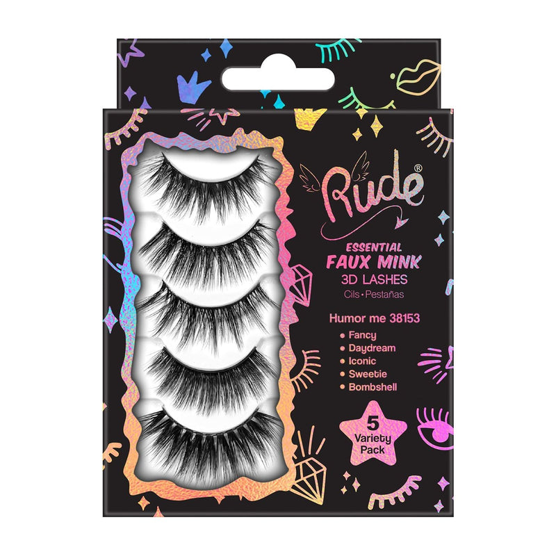 Rude Cosmetics Essential Faux Mink 3D Lashes 5 Variety Pack False Lashes Gray Humor Me