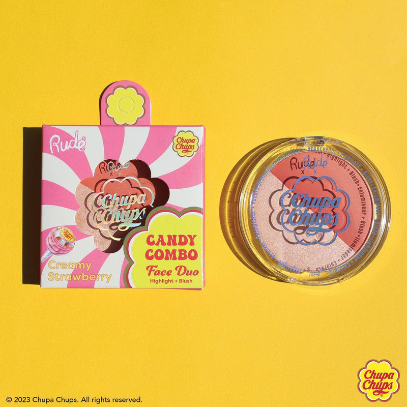 Rude Cosmetics Chupa Chups Candy Combo Face Duo Highlighter Sandy Brown Strawberry Yogurt,Creamy Strawberry,Choco-Vanilla,Refreshing Cola