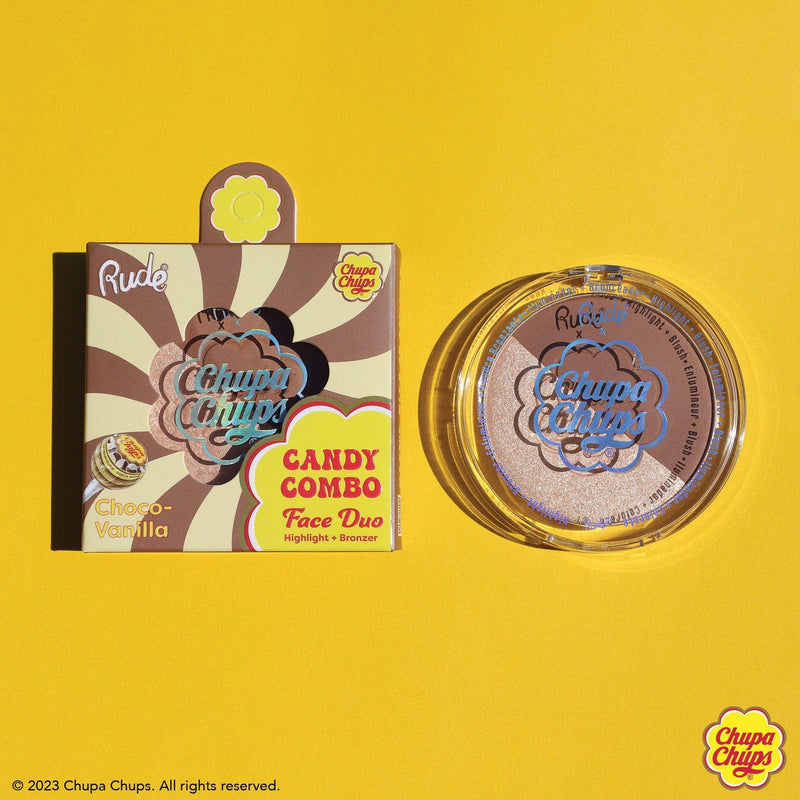 Rude Cosmetics Chupa Chups Candy Combo Face Duo Highlighter Goldenrod Strawberry Yogurt,Creamy Strawberry,Choco-Vanilla,Refreshing Cola