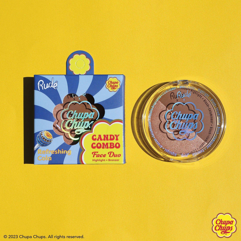 Rude Cosmetics Chupa Chups Candy Combo Face Duo Highlighter Goldenrod Strawberry Yogurt,Creamy Strawberry,Choco-Vanilla,Refreshing Cola