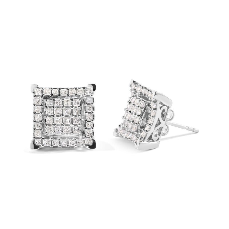 Bids.com 10K White Gold 1 1/4 Cttw Princess Diamond Composite Double Square and Halo Stud Earrings (I-J Color, I1-I2 Clarity) Earrings White Smoke White.Gold / 1.23