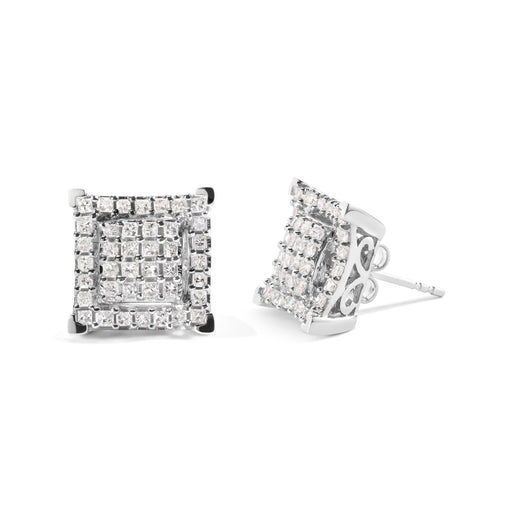 Bids.com 10K White Gold 1 1/4 Cttw Princess Diamond Composite Double Square and Halo Stud Earrings (I-J Color, I1-I2 Clarity) Earrings White Smoke White.Gold / 1.23