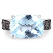 Bids.com 3.96 Carat Genuine Baby Swiss Blue Topaz and Black Diamond .925 Sterling Silver Ring Rings White Smoke size 6.00,size 7.00,size 8.00,size 9.00