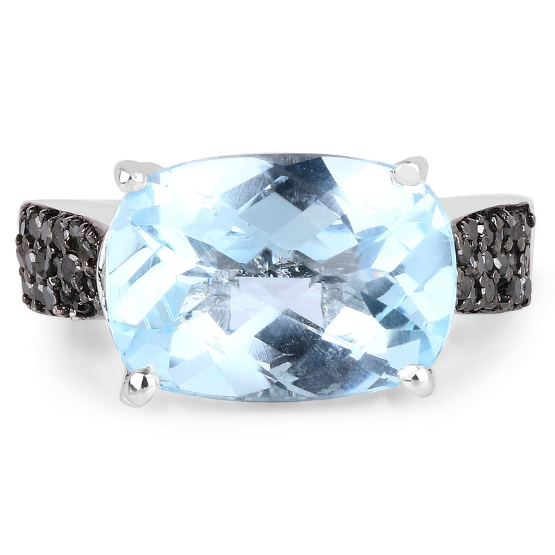 Bids.com 3.96 Carat Genuine Baby Swiss Blue Topaz and Black Diamond .925 Sterling Silver Ring Rings White Smoke size 6.00,size 7.00,size 8.00,size 9.00