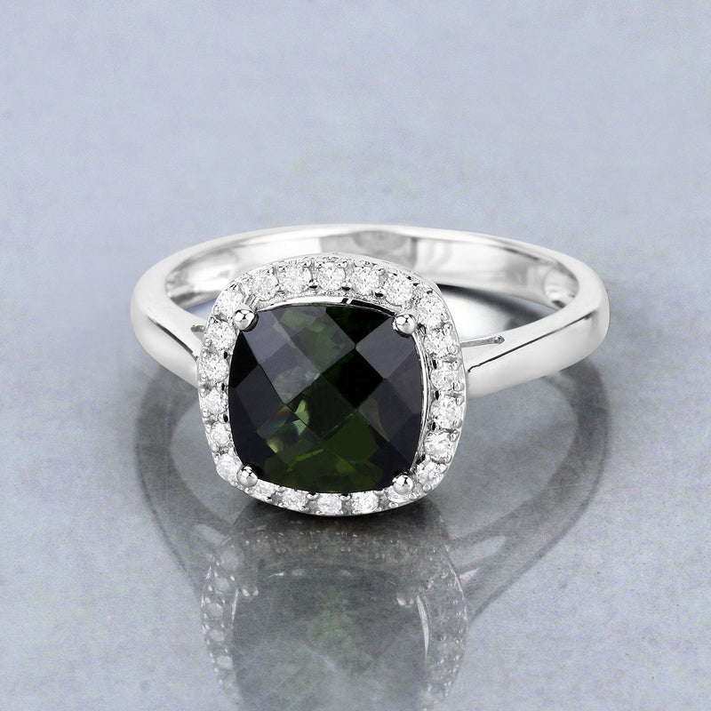 Bids.com 2.64 Carat Genuine Green Tourmaline and White Diamond 14K White Gold Ring Rings Gray size 6.00,size 7.00,size 8.00,size 9.00