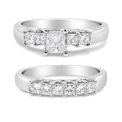 Bids.com 14K White Gold 1 1/2 Cttw 5 Stone Princess Diamond Engagement Wedding Ring Set (H-I Color, SI2-I1 Clarity) - Ring Size 7 Rings White Smoke 7 / White.Gold