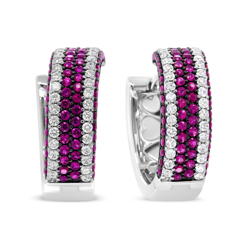 Bids.com 18K White Gold 1 7/8 Cttw Diamond and 1mm Round Red Ruby Open Swish Hoop Earrings (F-G Color, VS1-VS2 Clarity) Earrings White Smoke White.Gold / 1.85