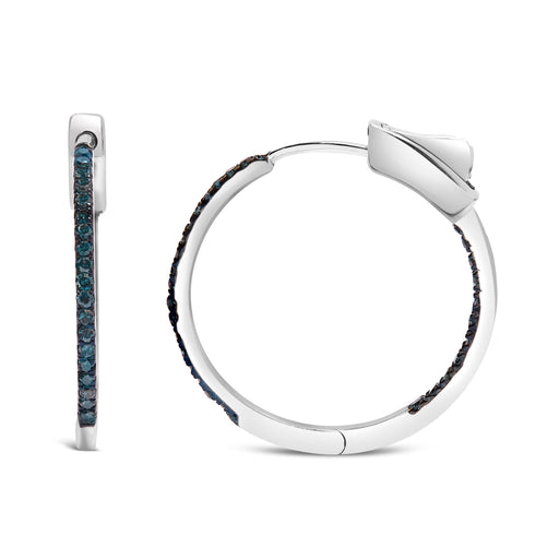 Bids.com .925 Sterling Silver 1/3 Cttw Inside Out Blue Treated Diamond 1MM Wide Hoop Earrings (Blue Color, I2-I3 Clarity) Earrings White Smoke White.Sterling Silver / 0.32