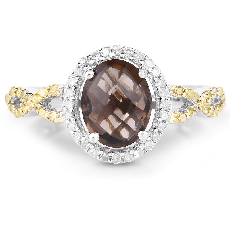 Bids.com 1.90 Carat Genuine Smoky Quartz, Yellow Diamond & White Diamond .925 Sterling Silver Ring Rings White Smoke size 8.00,size 6.00,size 7.00,size 9.00,size 5.00,size 10.00