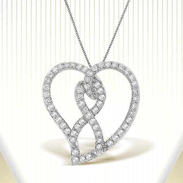 Bids.com 14K White Gold 1.0 Cttw White Diamond Awareness Ribbon & Open Heart 18" Pendant Necklace (H-I Color, I1-I2 Clarity) - White Diamond Ribbon Necklaces White Smoke White.Gold / 18