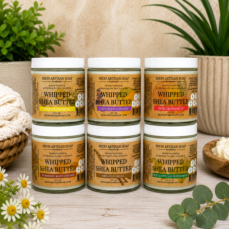 MION Artisan Soap Co. Whipped Shea Butter | Deeply Hydrating and Rejuvenating Tan Lavender & Lemon,Eucalyptus & Peppermint,French Vanilla,Pink Grapefruit,Turmeric Root Infusion,Wild Chamomile