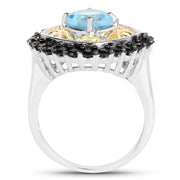 Bids.com Two Tone Plated 2.85 Carat Genuine Swiss Blue Topaz and Black Spinel .925 Sterling Silver Ring Rings White Smoke size 7.00,size 8.00,size 9.00,size 6.00