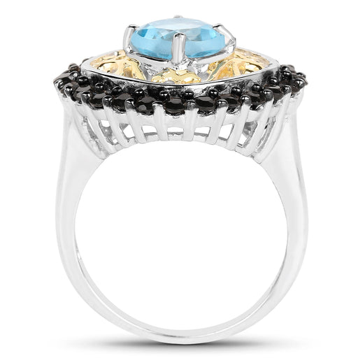 Bids.com Two Tone Plated 2.85 Carat Genuine Swiss Blue Topaz and Black Spinel .925 Sterling Silver Ring Rings White Smoke size 7.00,size 8.00,size 9.00,size 6.00