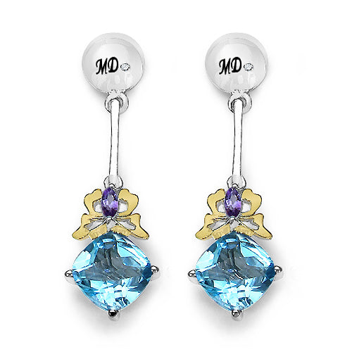 Bids.com 5.55 Carat Genuine Blue Topaz, Amethyst & White Diamond .925 Sterling Silver Earrings Earrings White Smoke