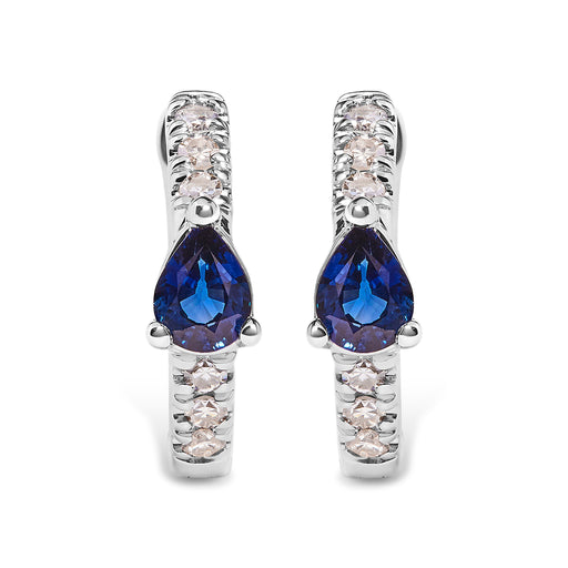 Bids.com 10K White Gold Pear Shaped Blue Sapphire and 1/10 Cttw Diamond Huggy Hoop Earrings (H-I Color, I1-I2 Clarity) Earrings White Smoke White.Gold / 0.108